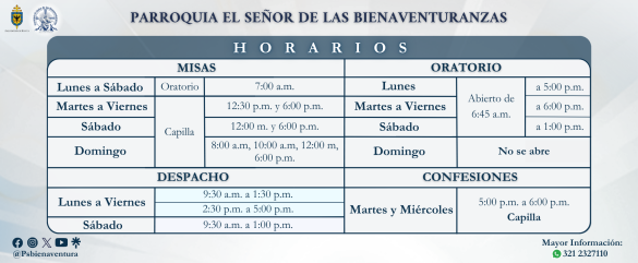 Horarios Eucaristías, Despacho, Confesiones, Apertura y Cierre Oratorio